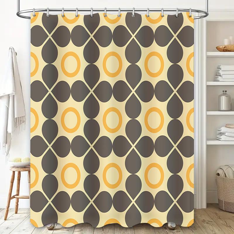 Modern Bath Shower Curtain With Geometric Circle Design In Dark Grey Yellow Perfect For Home Decor Bathroom Accessories!