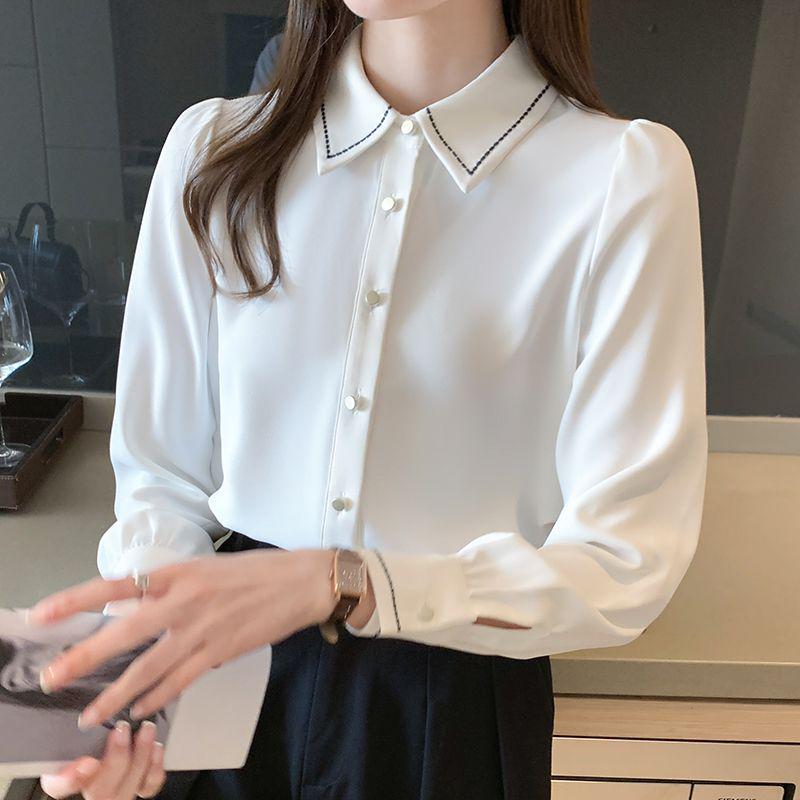 Women's White Chiffon Long Sleeve Shirt - 2025 Autumn Design Professional Formal Wear