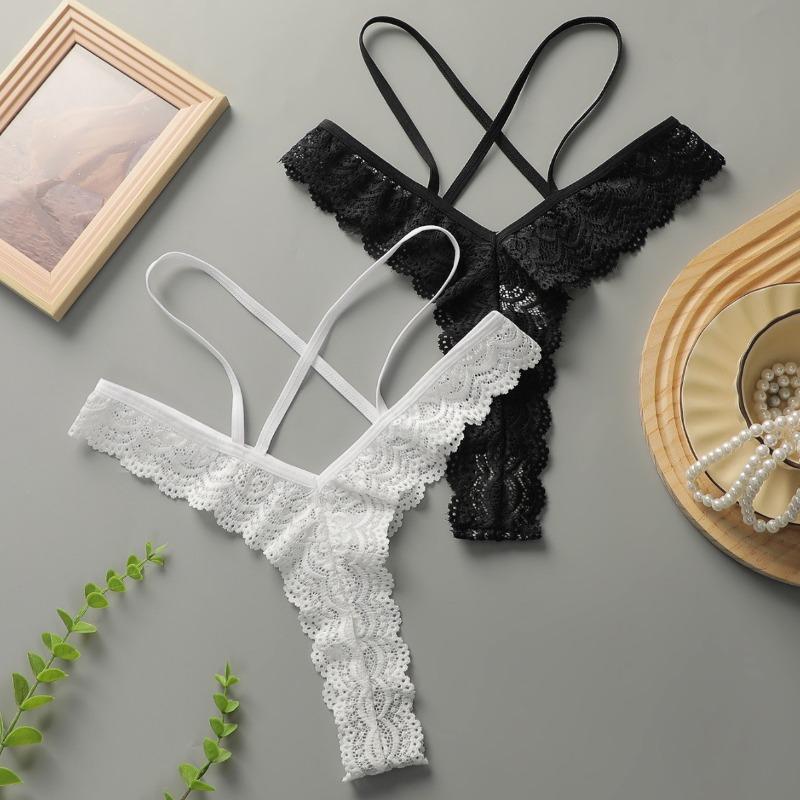 2pcs of Women's Summer Sexy Lace Hollowed Out Solid Color Pure Wind Triangle Panties