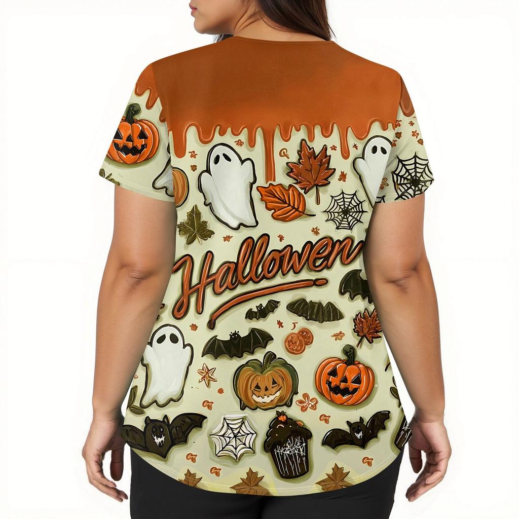 Damenmode V-Ausschnitt Kurzarm Arbeitskleidung mit Taschen Halloween bedruckte Tops