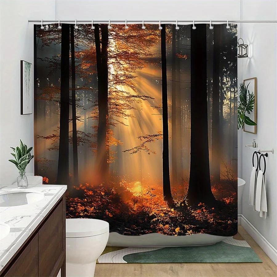 1 Stück Extra Großer Duschvorhang - Ruhiger Herbstwald Badezimmerdekor Mit Hohen Bäumen, Gefallenen Blättern & Durchscheinendem Sonnenlicht - Mac