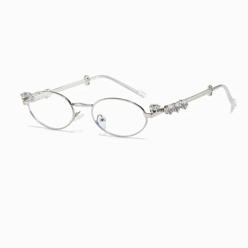 Women's Punk Retro Silver Anti Blue Light Eyewear Rhinestone Stainless Steel Oval Frame Glasses Girl Reading Seaside Spectacles