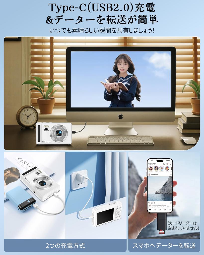 Keculbo 4K 64MP Digital Camera with AF 16X Digital Micro SD Smile White Autofocus, 2.8-inch Screen, Zoom, Card, Detection, Lightweight,