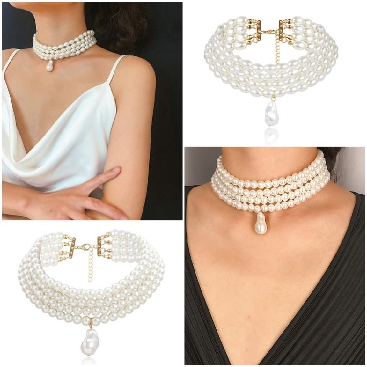 Simulated Pearl Necklaces Statement Bridal Choker Multi-Layer Pearl Necklace