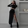 Xiaoke Wiwi European and American Ins Style Sexy Temperament Hollow out Long sleeve Top Irregular Skirt Fashion Two-piece Set