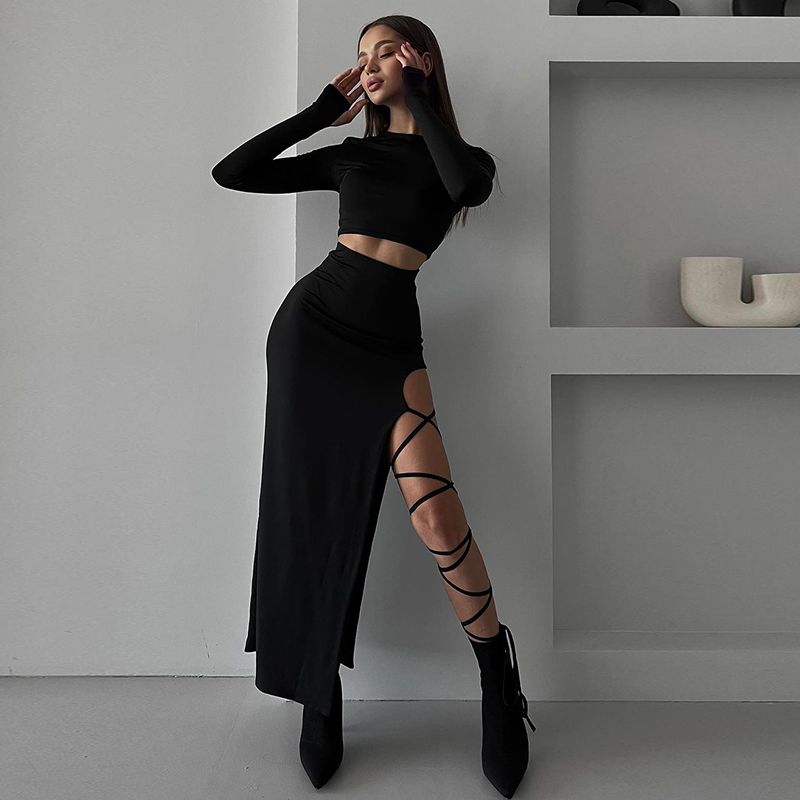 Xiaoke Wiwi European and American Ins Style Sexy Temperament Hollow out Long sleeve Top Irregular Skirt Fashion Two-piece Set
