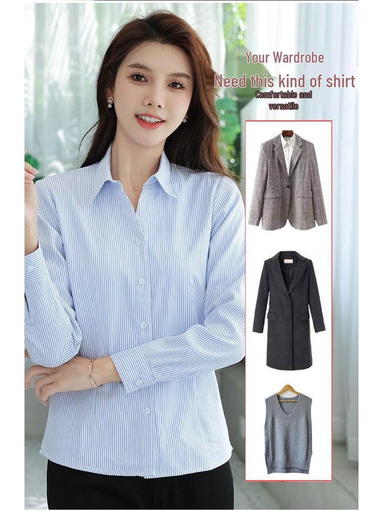 Women's Plus Velvet Blue & White Striped Long Sleeve Shirt - Versatile Pro Wear for Autumn/Winter.