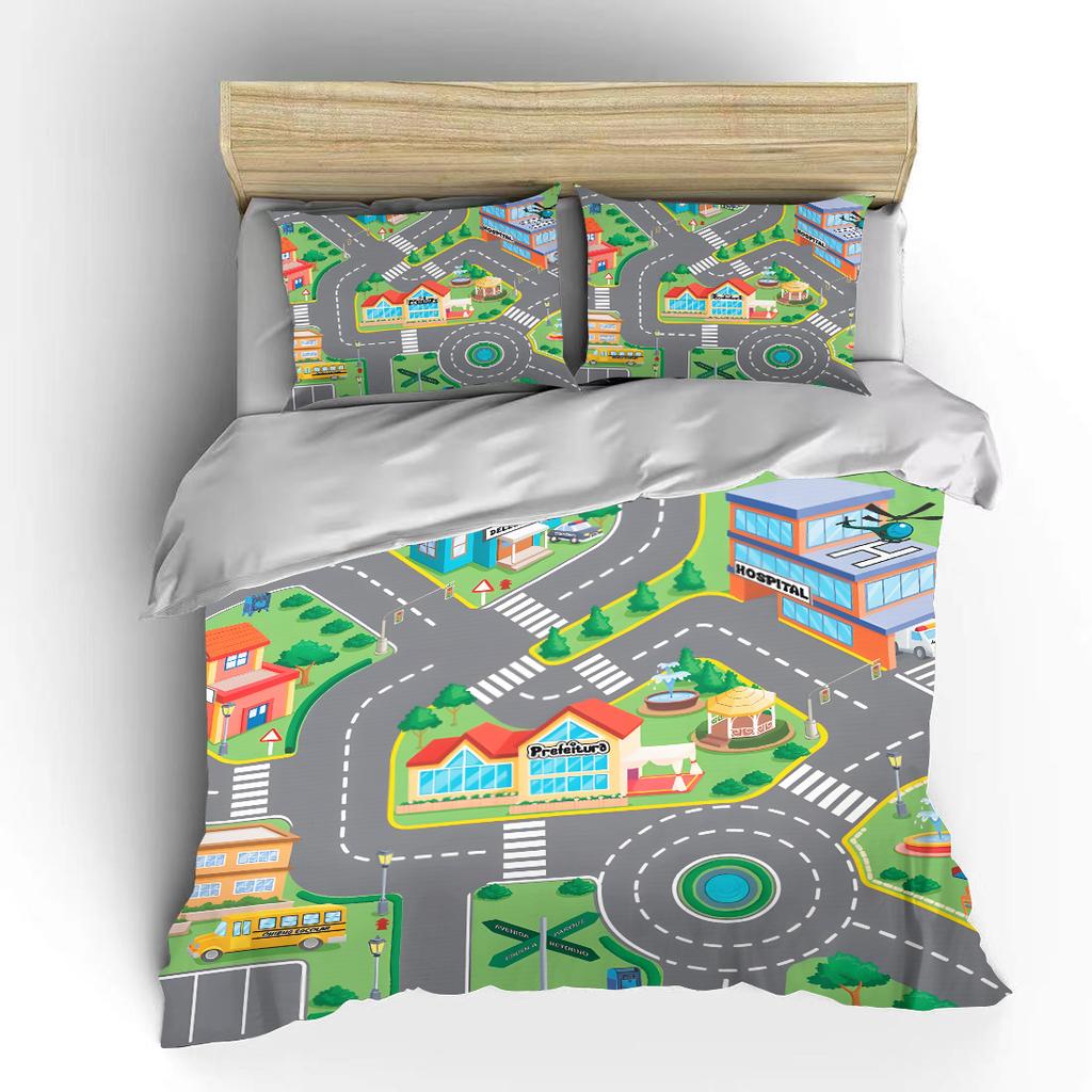 City Road Layout Illustration Bedding Set for Kids Luxury Gift 3pcs Digital Print Comforter Set Soft Comfortable Breathable