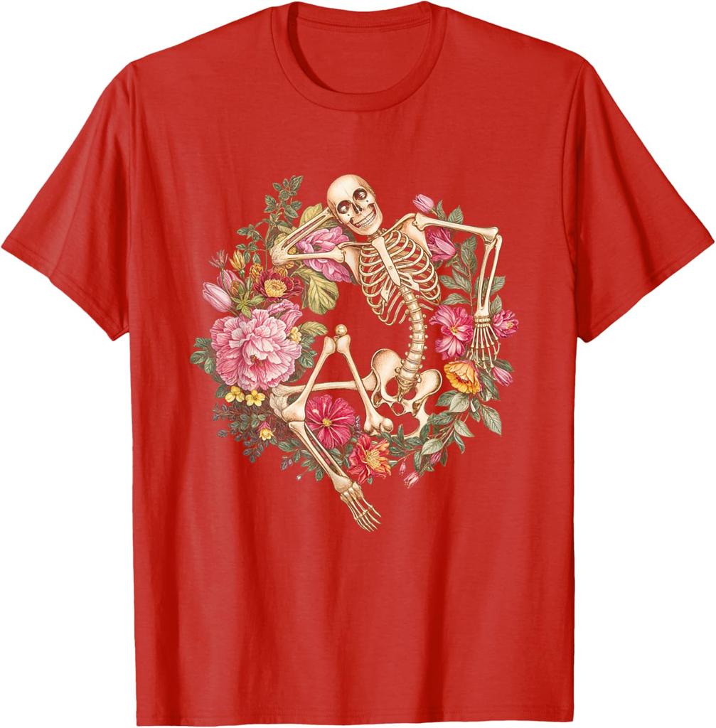 Blommigt Skelett Goth Halloween T-shirt Cool Dödskalle Grafiskt Tryck Bomull Avslappnad T-shirt