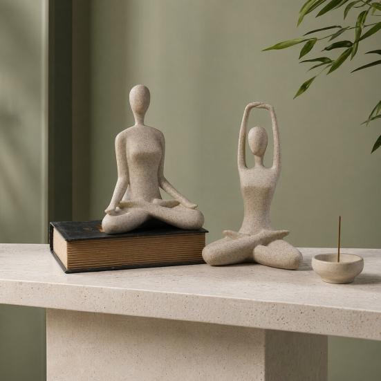 Scultura Zen Yoga, Statuetta Meditazione in Resina con Texture di Arenaria, Decorazione Astratta Posa Yoga per Soggiorno e Libreria, Regalo Accessori per la Casa