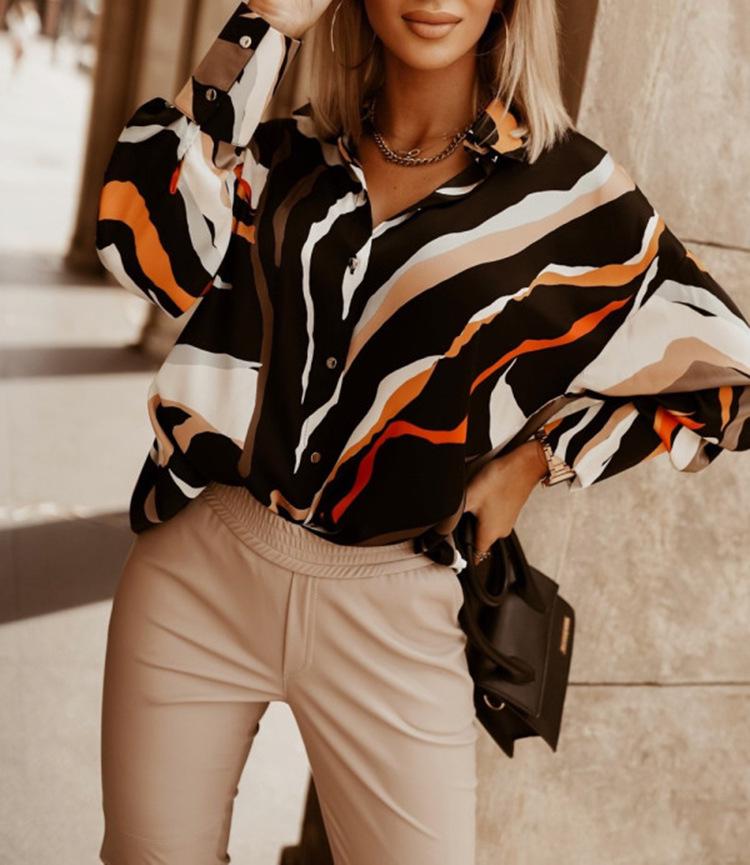 

2022 Европейский и американский принт Свободная рубашка с длинным рукавом Женская повседневная рубашка на пуговицах Extra Large оранжевый