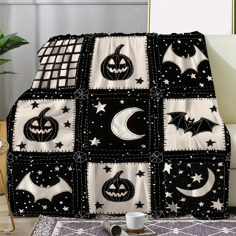 Cozy Flannel Halloween Blanket Pumpkin Bat Design Soft Warm Throw for Couch Bed Car, Office Camping Versatile All-Season Gift