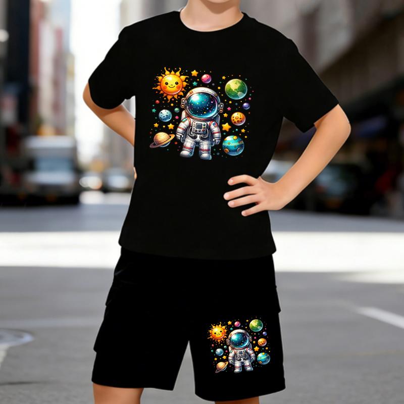 

Boys 2 Piece Cartoon Astronaut Printed outfit, Short Sleeve T-Shirt and Shorts Set for Kids Age 5-14,Black and White Sporty Casual Summer Clothes 5-6 Years чёрный