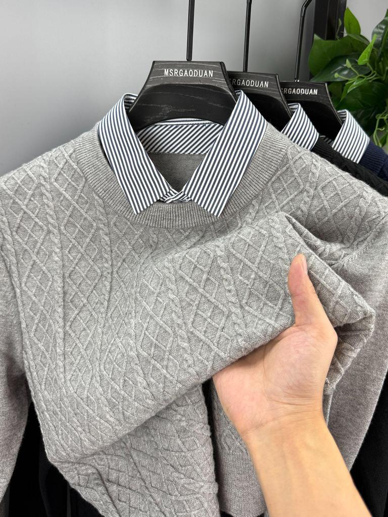 2025 Men's Trendy Fake Two-Piece Sweater: Warm Knit Shirt Collar Pullover for Autumn/Winter