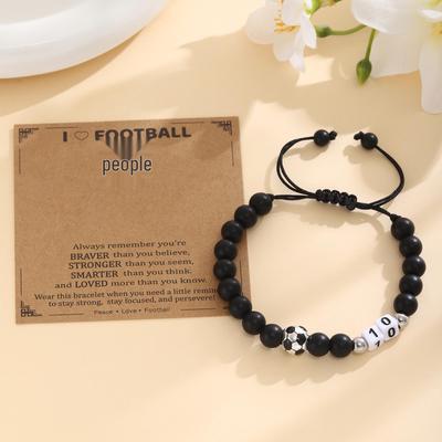 Men's Adjustable Black Matte Stone Beaded Bracelet - Football Number Birthday Gift