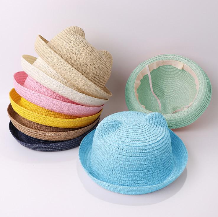 Kids' Korean Style Summer Straw Sun Hat with Cat Ears - Breathable Parent-Child Vacation Design