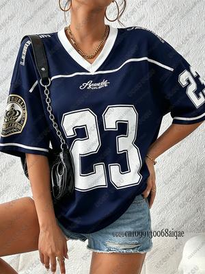 Summer Retro Print T-Shirt Women's V-Neck Short Sleeve Sports Soccer Jersey Loose Oversized Top