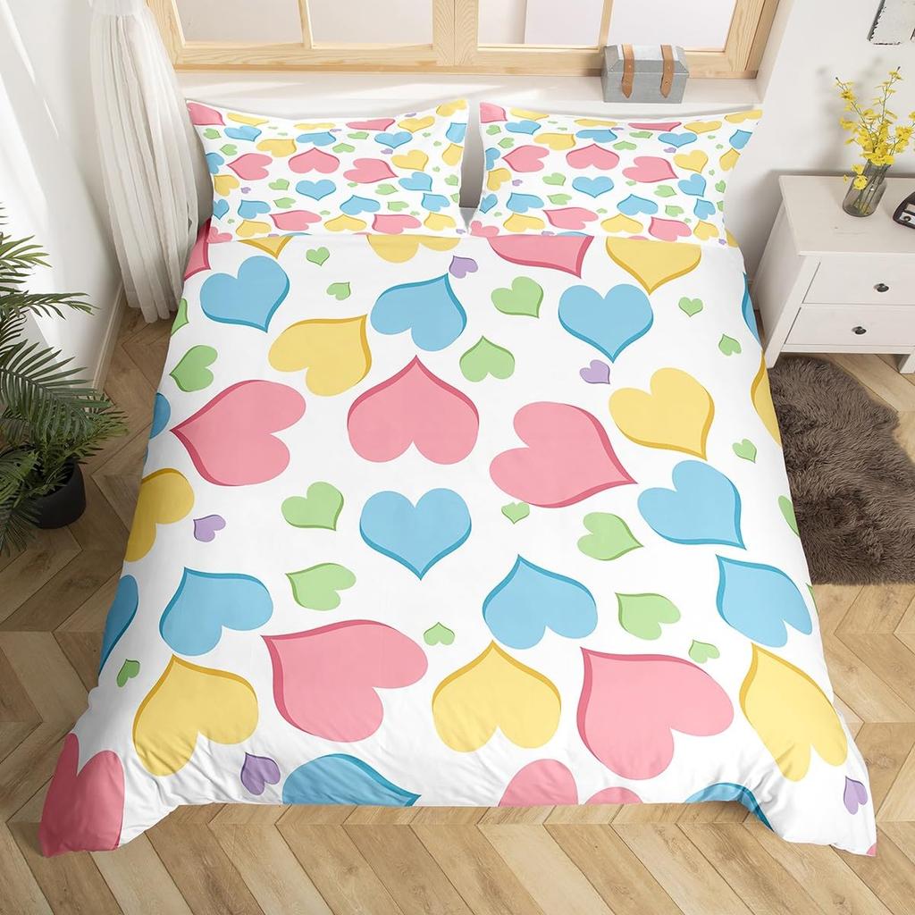 Colorful Rainbow Heart Duvet Cover Sets For Kids Boys Girls Queen Lightweight Quilt Covers Love Heart Bedding Sets Bedroom Decor