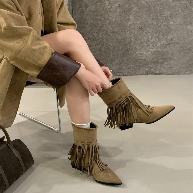 European and American wind slope heel pointed tassel high heel short boots