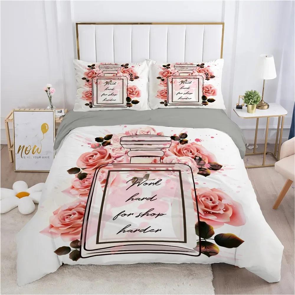 Perfume Floral Duvet Cover Set Pink Makeup Bedding Set with Pillowcase,Girls Women Romantic Fashion Gifts Comforter Cover Set