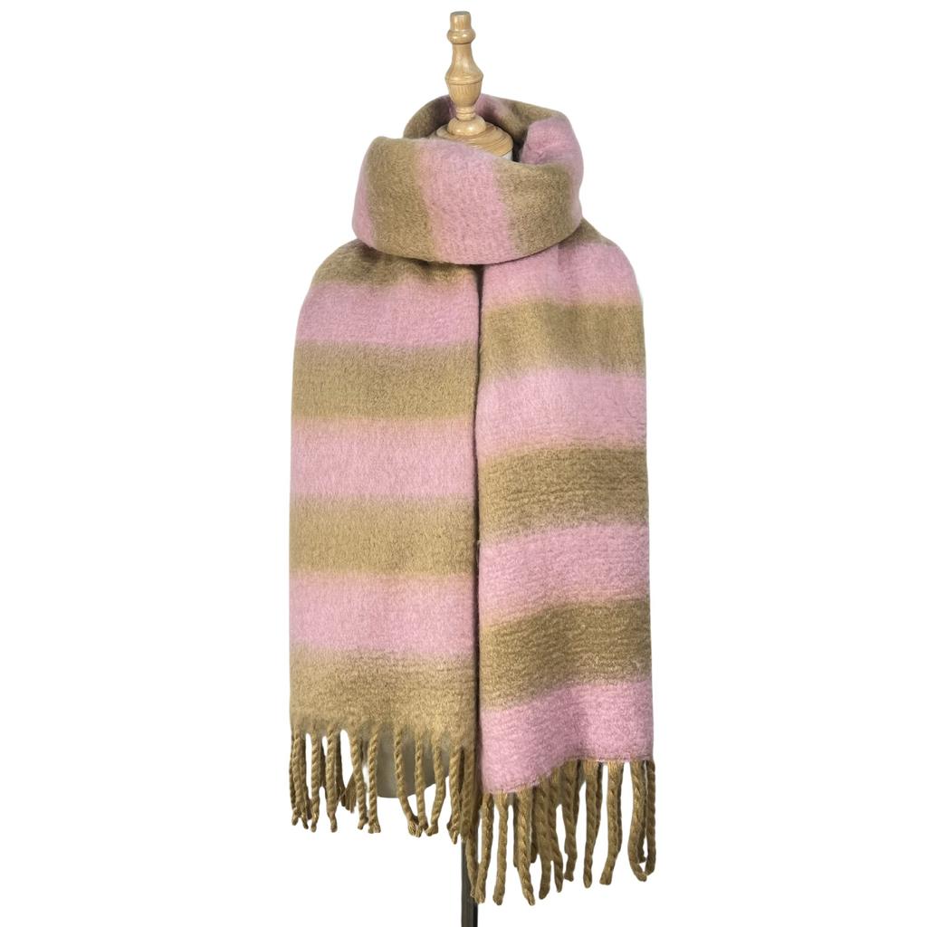 High Quality Wool Blend Striped Scarf Women Fall Winter New Thick Warm Muffler Female Simple Versatile Fashion Fringed Shawl