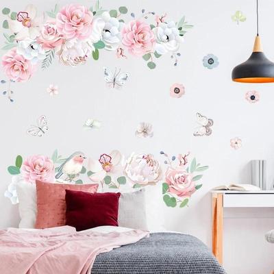 Small Fresh Pink Flowers Green Leaf Stickers Bedroom Porch Home Wall Decoration Wall Stickers