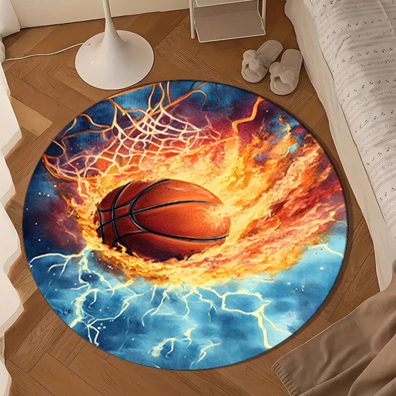 Basketball Crown Fire Sport Round Rug for Livingroom,Bedroom, Palyroom, Chair Rug, Area rug, Circle Carpet, Large Size Fan Christmas gift
