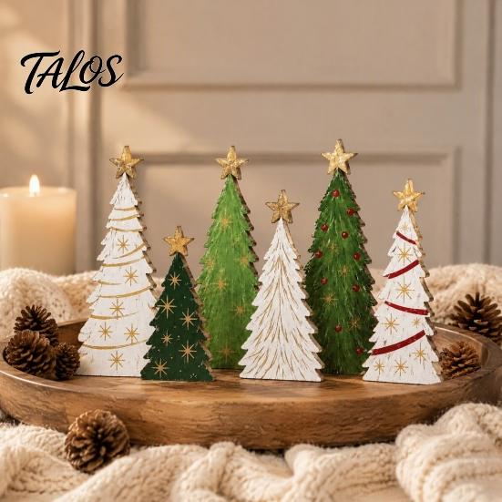 Eco Friendly Painted Wood Trees 6Pcs Wooden Christmas Tree Tabletop Decor Set, Rustic Star Topped Retro Seasonal Mantel Decorations Mini Figurines,