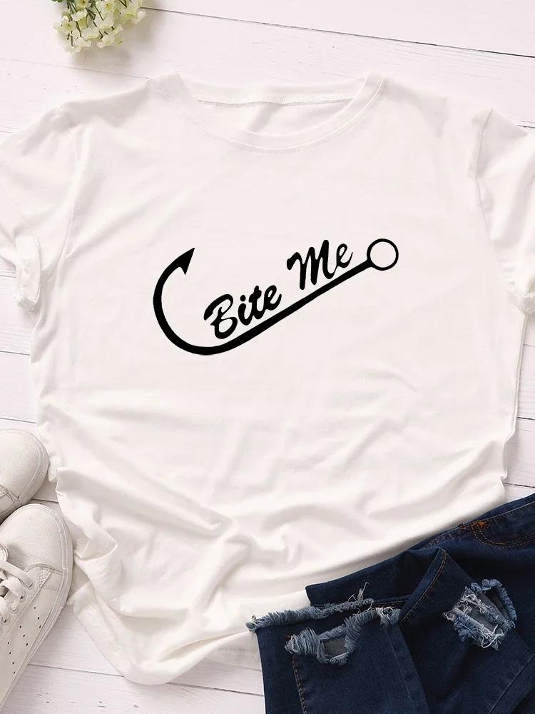 Bite Me Fiskkrok Tryck Dam T-shirt Kortärmad O-hals Lös Dam T-shirt Dam T-shirt Toppar Kläder Camisetas Mujer