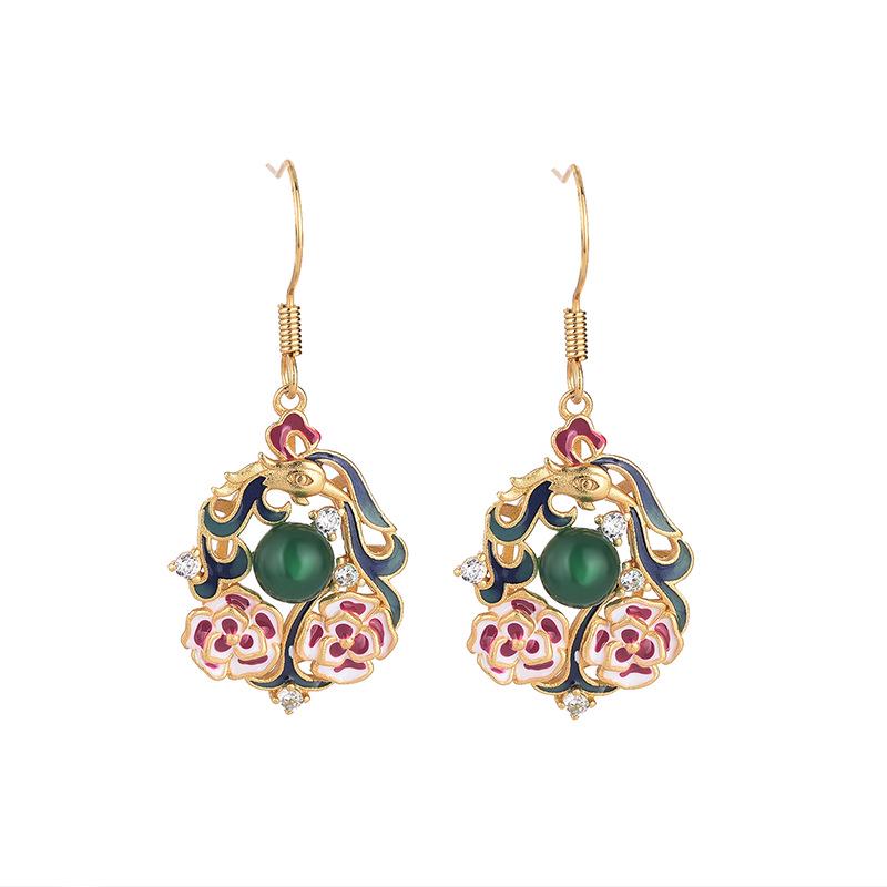 Guochao Cloisonné Enamel Chalcedony Stud Earrings for Women - Jingtai Blue Chinese Style Dangle with Cheongsam Influence