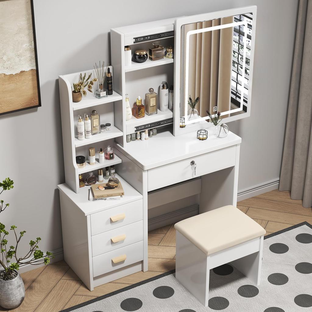 Stylish dressing table with mirror and lighting, including soft stool, 3-color adjustable lighting, 4 drawers, white, W85/H130/D36cm.