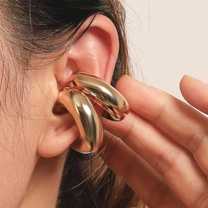 Oversize Chunky Round Circle Clip On Earrings for Women Gold Plated Stainless Steel Ear Cuff Hollow Tube Thick Earclips Jewelry