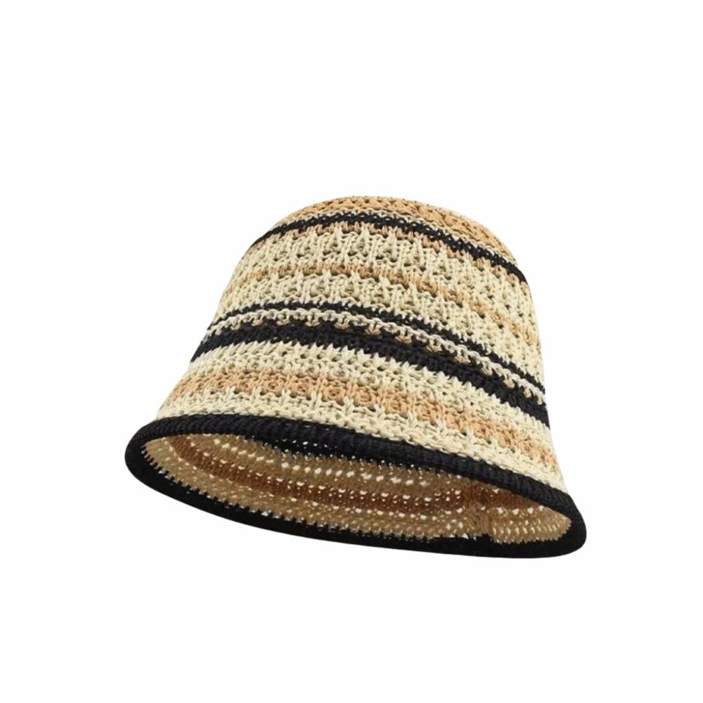 Fashion Striped Knitted Hollow Fisherman Hat Big Eaves UV Protection Straw Bucket Cap Multicolor Breathable Basin Hat Outdoor