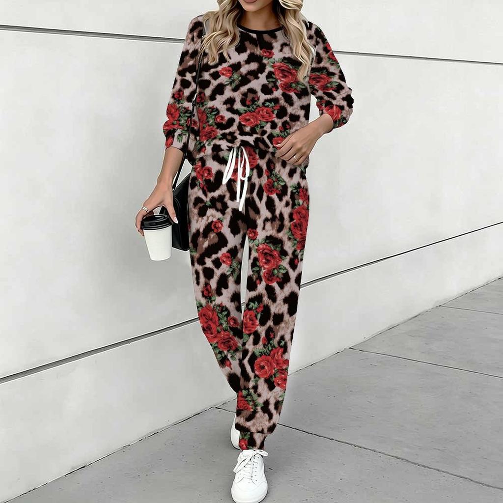 Completo Due Pezzi da Donna con Stampa Leopardo, Maglia a Manica Lunga Girocollo & Pantaloni Jogger con Coulisse, Tuta Casual per Primavera Autunno