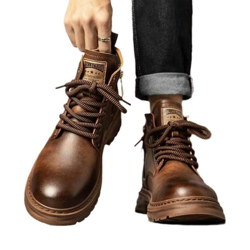Martin Boots Men's Autumn and Winter High-top Breathable Casual Shoes Trendy Versatile Retro Leather Shoes British Style Tooling Short Boots Men