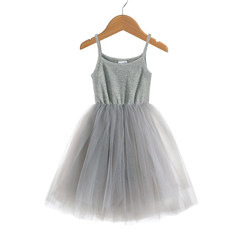 INS Summer Style Cotton Strappy Dress for Toddlers & Girls, Solid Color Patchwork Mesh Princess Puffy Skirt