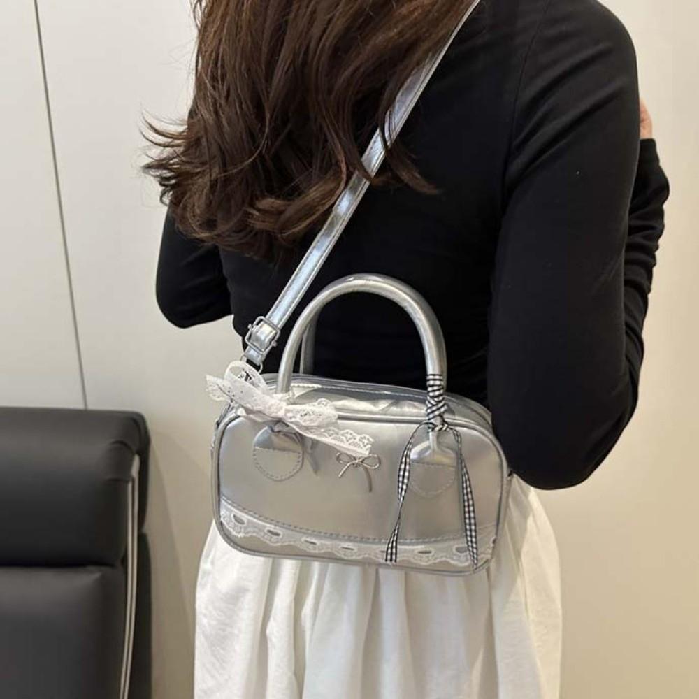 Spitzenband Umhängetasche Bowlingtasche PU-Leder Kleine quadratische Tasche Reißverschluss Boston Handtasche Schule