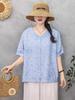 Women's Summer Tencel Linen Printed Short Sleeve Top - Loose Fit, Round Neck