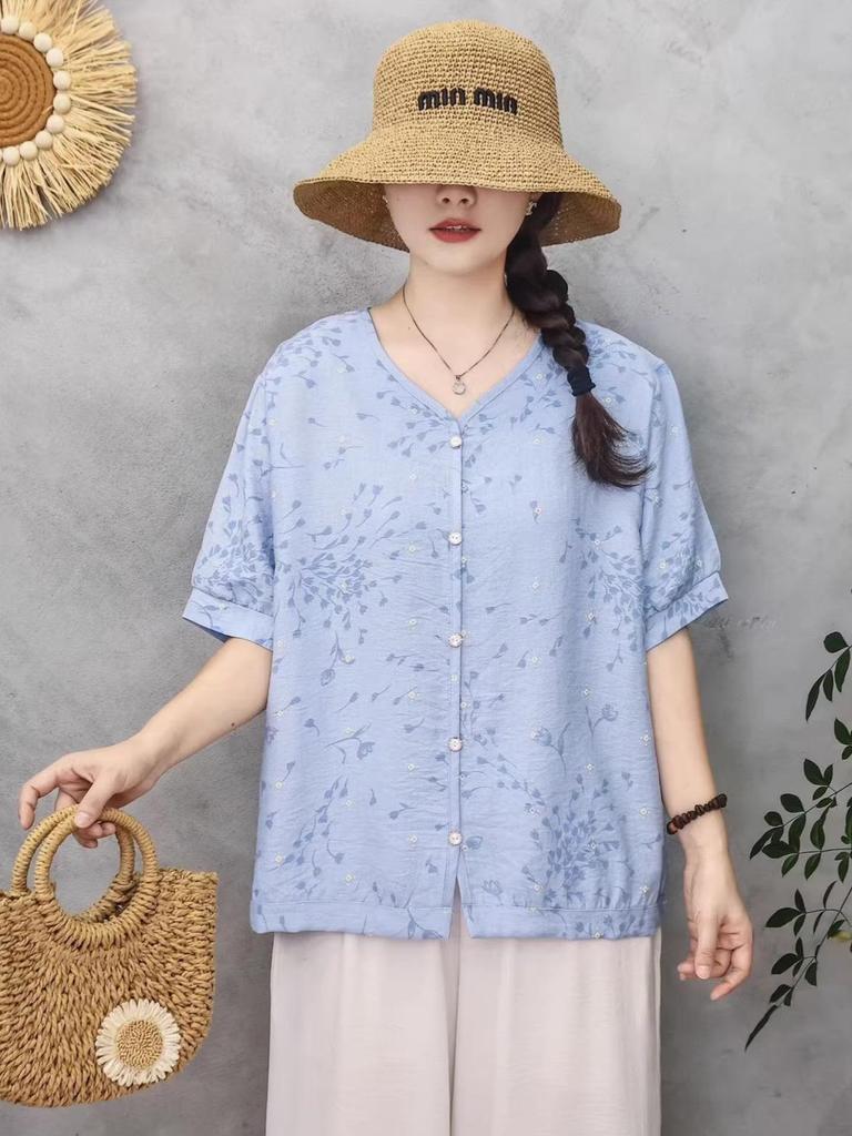 Women's Summer Tencel Linen Printed Short Sleeve Top - Loose Fit, Round Neck