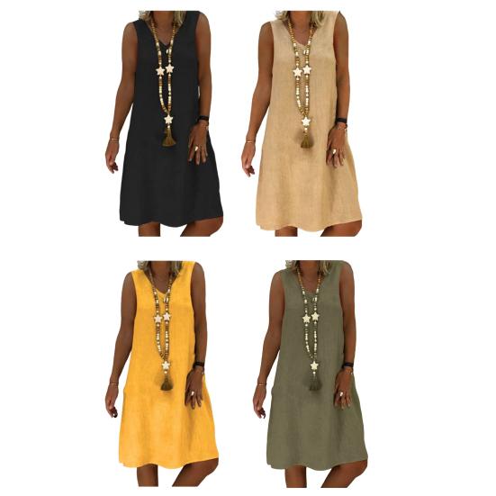 Lady Summer Dress Sleeveless V Neck A-line Solid Color Knee Length Midi Dress Pullover Vest Type Vacation Beach Dress