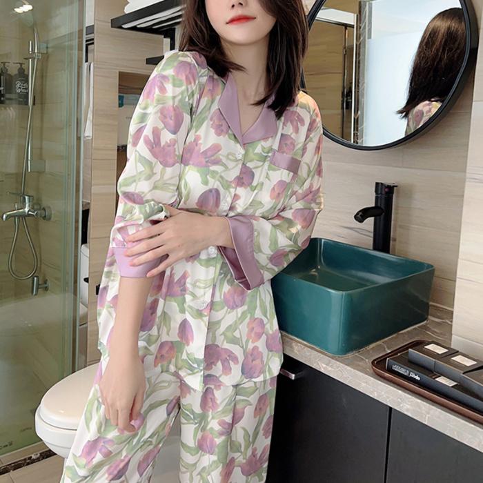 2 Pieces Pajamas for Women Autumn Spring Women's Pajamas Set Elegant Ptinting Flower Home Wear Soft Sleepwear