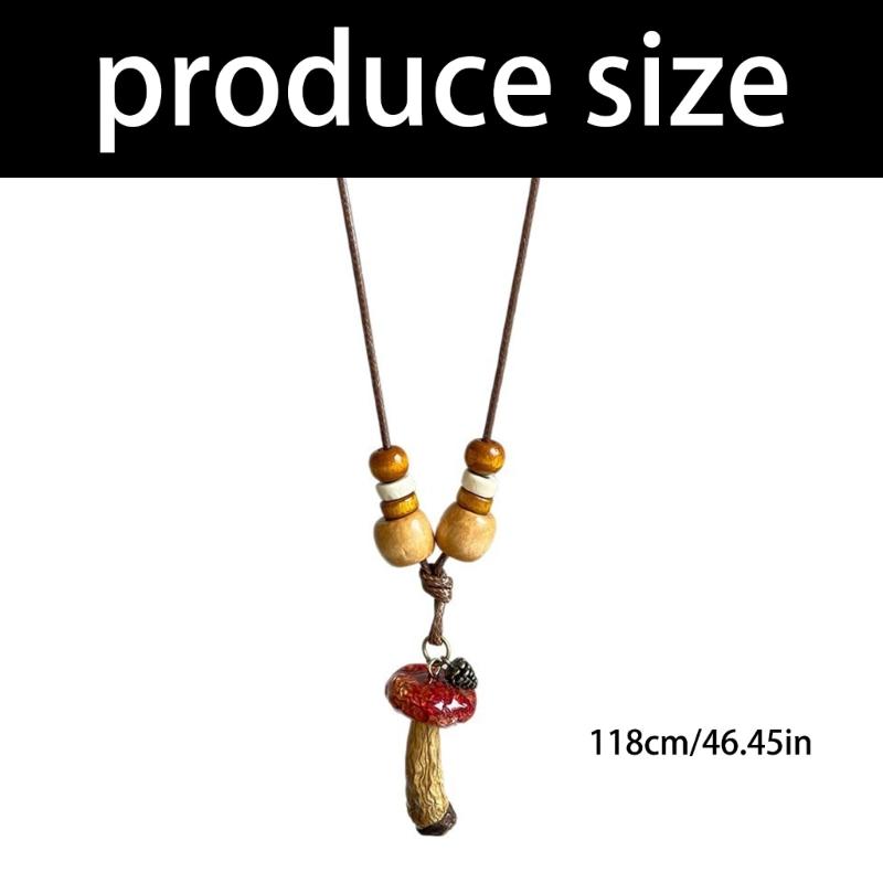 Everyday Bohemian Adjustable Rope Mushroom Pendant Necklace for Women Wood Bead Design Sweater Fashion Accessory