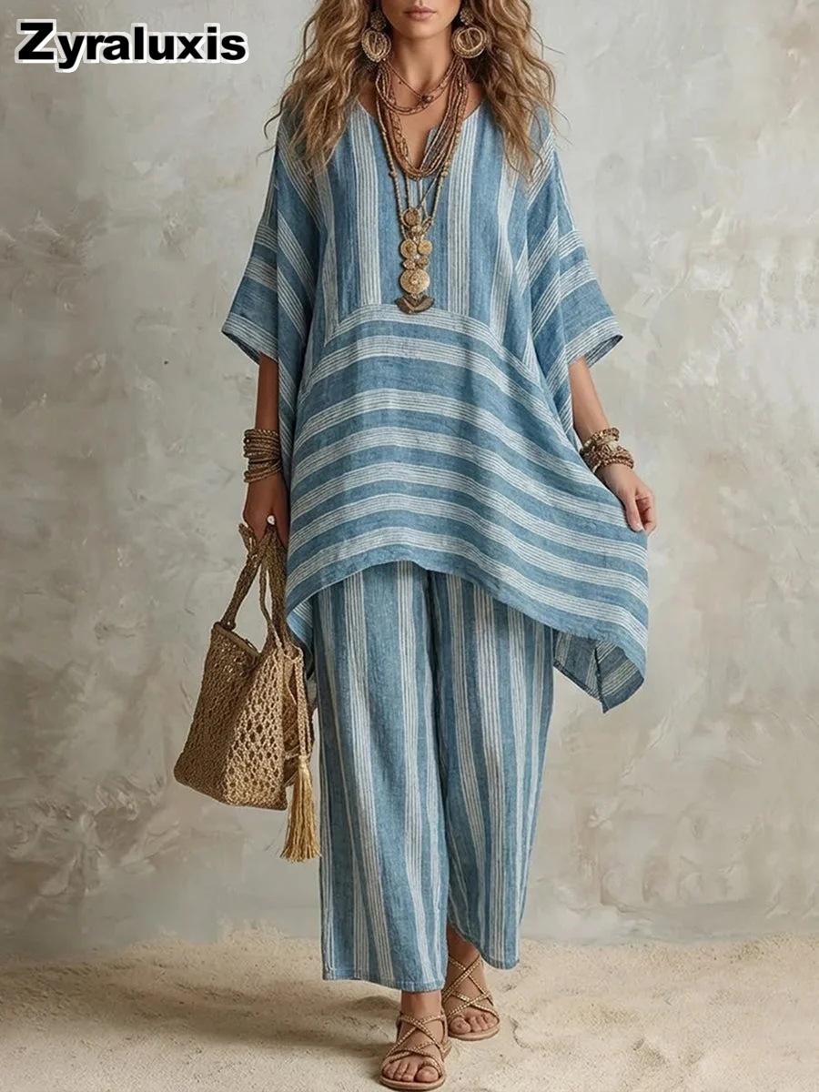 Women s Foreign Fashion Trendy V-Neck Loose Striped Casual Two Piece Set S синий