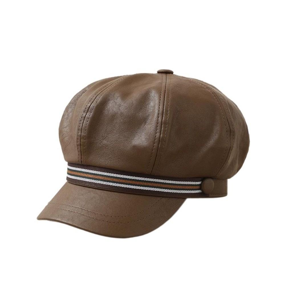 Windproof Octagonal Hat Warm Painter Hat Personality Pu Leather Beret  Autumn