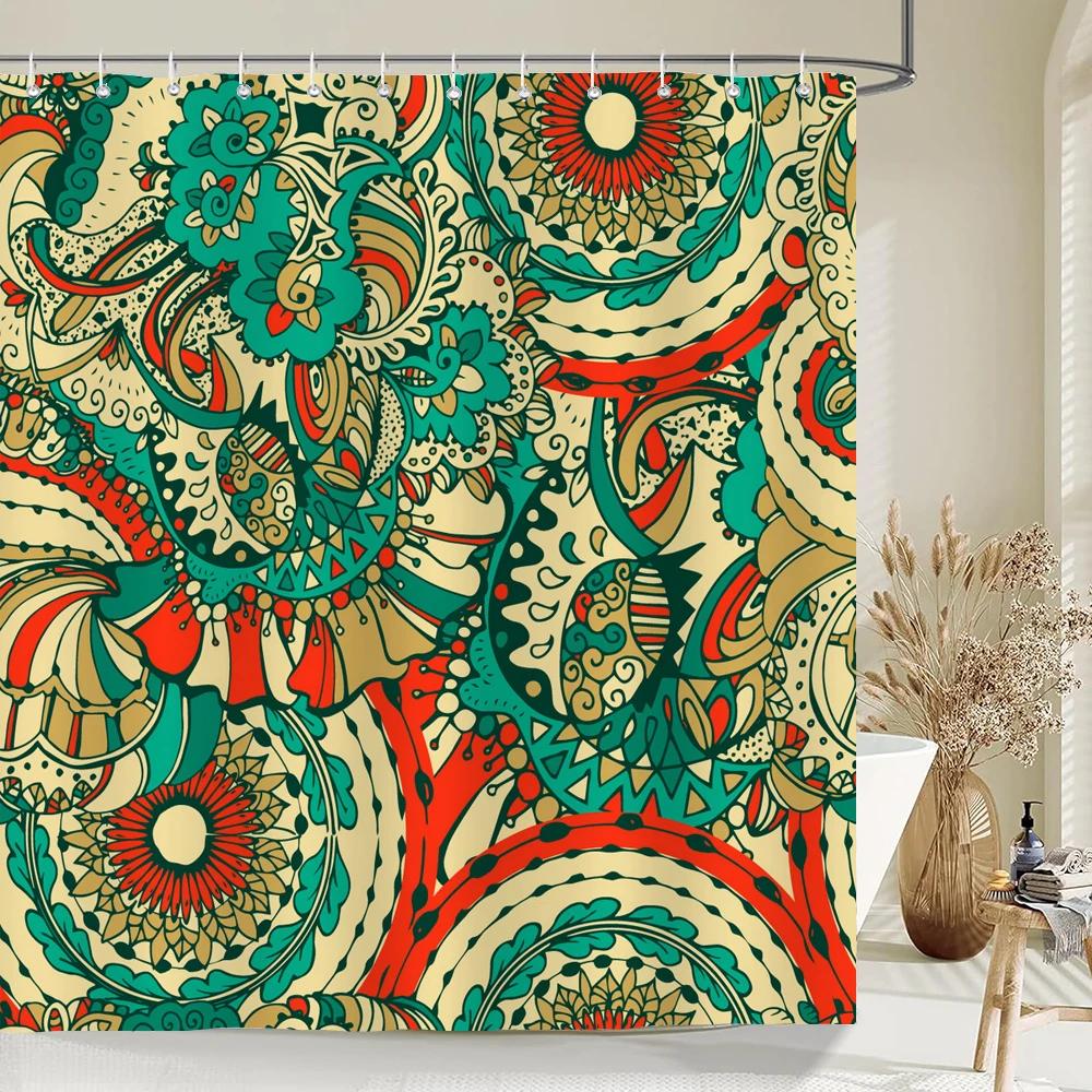 Indian  Bohemian Fabric Shower Curtain Bathroom Curtains Boho Mandala Waterproof Fabric Bath Screen Bathtub Decor with 12 Hooks