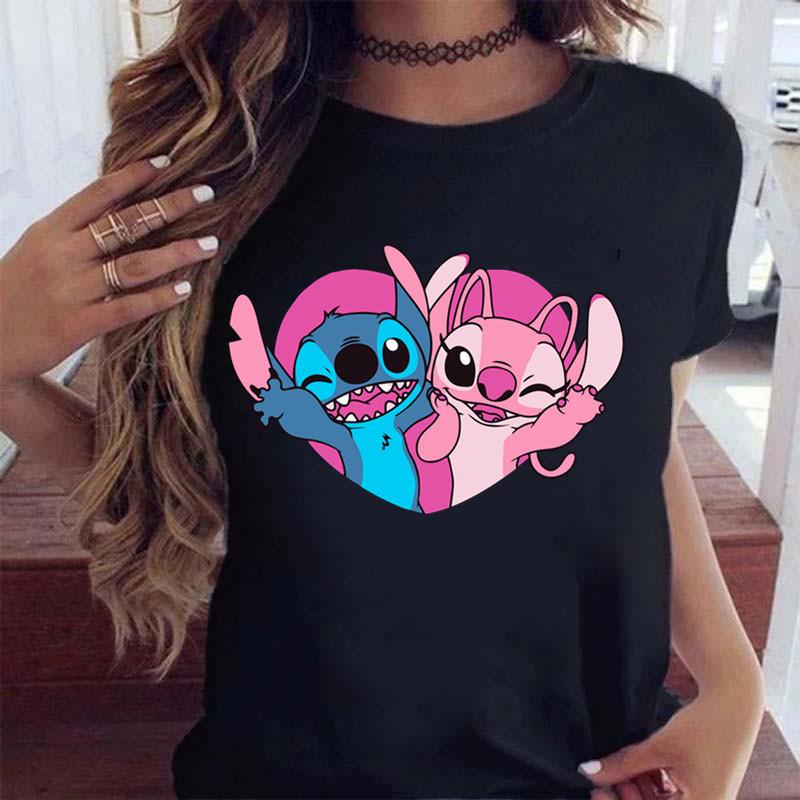 New Fashion FeUnisex Clothing Cartoon Disney Stitch Womens Tshirt Summer Short Sleeve Black Tops