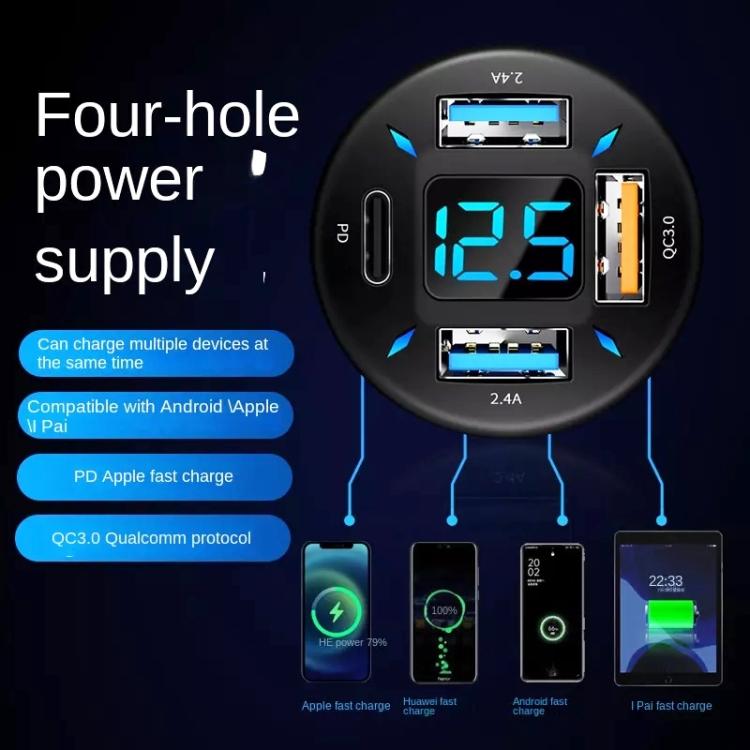 4 In 1 USB QC3.0 Digital Display Car Fast Charger