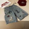 Koreanischer Stil Cartoon Gepunkteter Hund Denim Bermuda-Shorts für Kleinkinder & Kinder - Retro Used Look Weite Capri-Hose