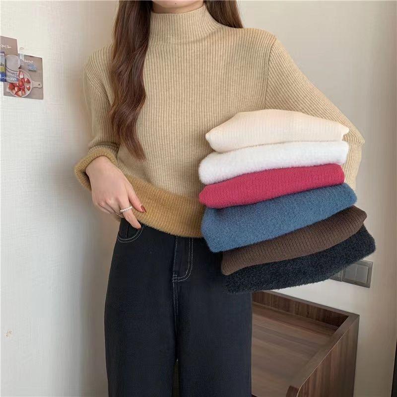 Fleece and Thickened Sweater Top for Women In Winter Semi-high-neck Pullover and Fitted Knitted Sweater Worn Inside