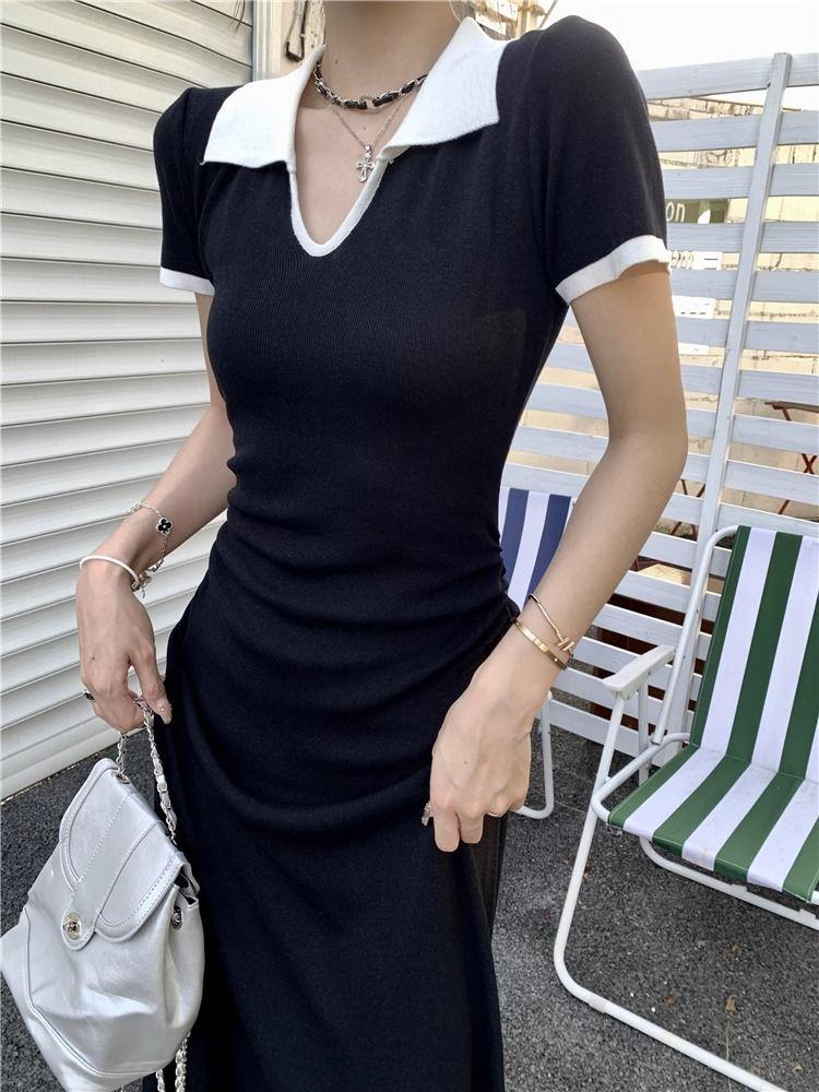 2026 Summer Polo Collar Knit Dress - Women's Slimming A-line Short Sleeve Long Dress